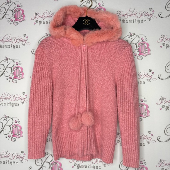 Bebe Pom Pom angora rabbit fur trim hood zip up sweater hoodie pink coral y2k - Picture 12 of 15